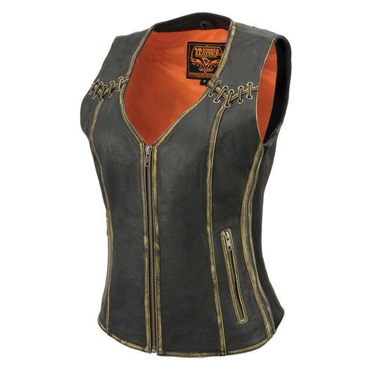 Leather Vest (MLL4527) Women's Distressed Brown Classic Leather Vest