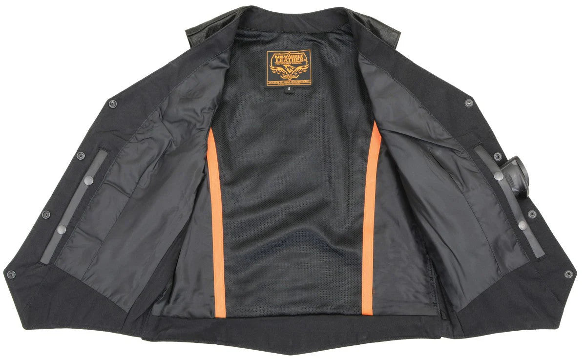 Leather Vest SO (MLL4545) - Premium Leather Lightweight Classic 4-Snap V-Neck Motorcycle Rider Vest