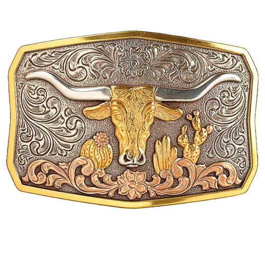 Buckle (37910) - Nocona Rectangle Silver/Gold Longhorn Cactus Belt Buckle