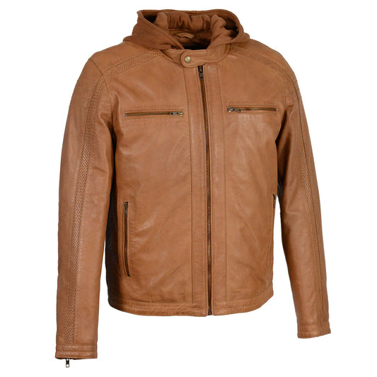 Leather Jacket (SFM1845) - Men’s Milwaukee Leather Jacket with Removable Hoodie - Saddle
