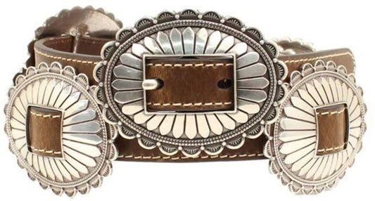 Belt DC (N320000002) - Women's Nocona 3/4" Ovl-Flrl SV Concho, BRN Leather