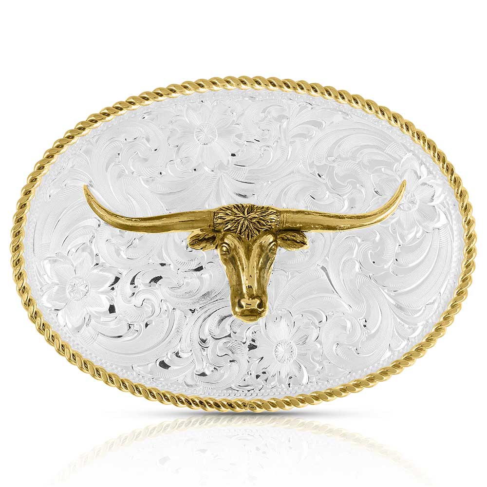 Buckle (1849-767M) - Small Two-Tone Engraved Western Buckle with Longhorn