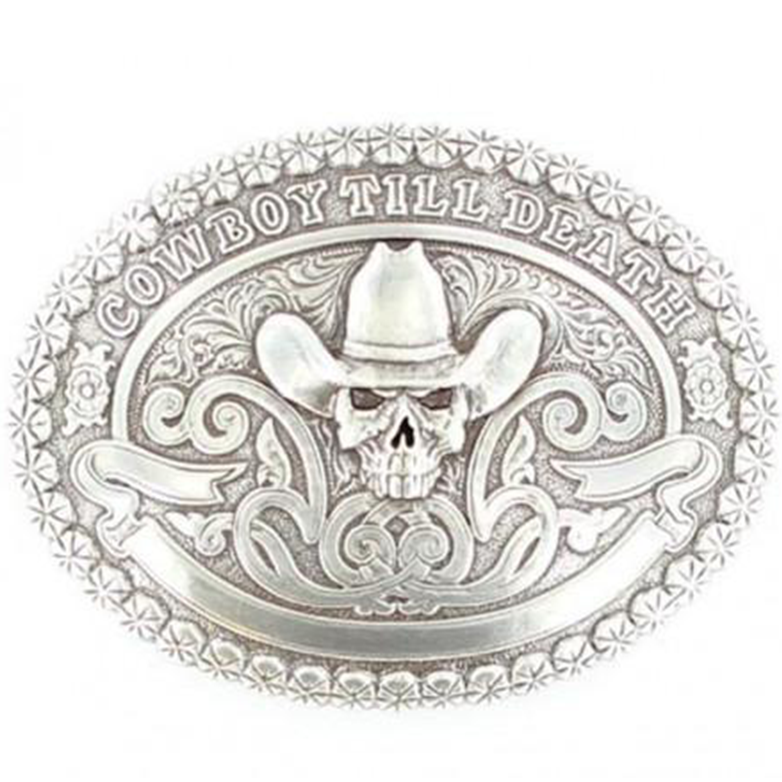 Buckle (38016) - Skull "Cowboy Till Death" Silver Oval Belt Buckle