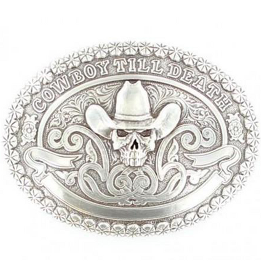 Buckle (38016) - Skull "Cowboy Till Death" Silver Oval Belt Buckle