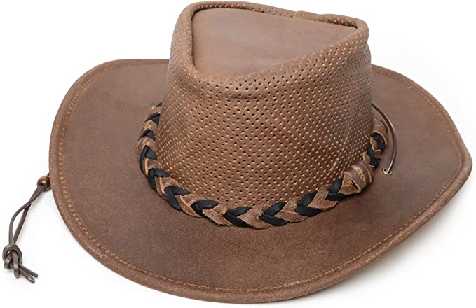 Hat (9535) - Airflow Leather Fold-Up Outback in Smokey Tan