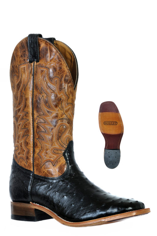 Boot Men's SO (9531) - Boulet 13" Exotic Wide Square Toe Boot in Black Ostrich & Lone Star Cognac