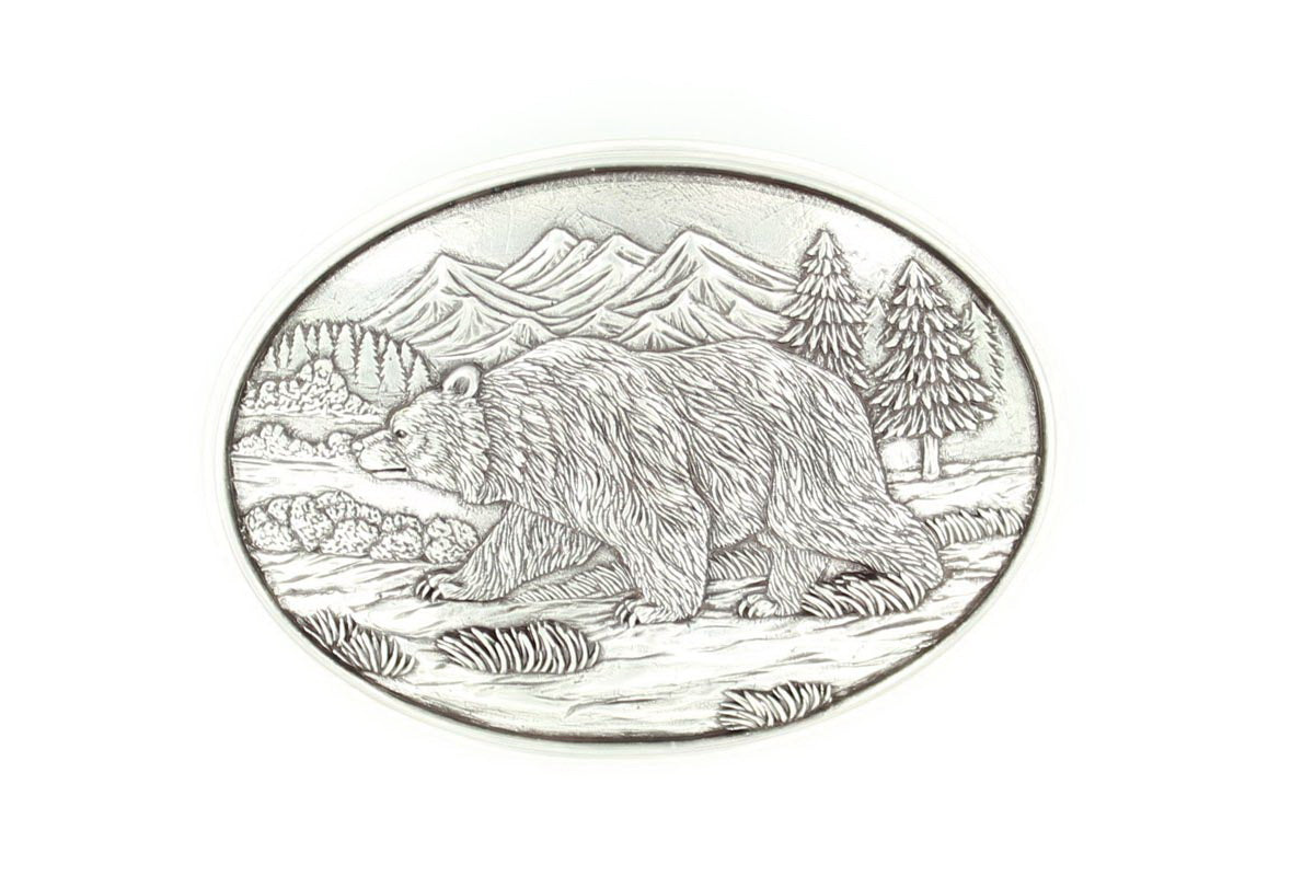 Buckle (37045) - Oval Silver Engraved Grizzly Bear