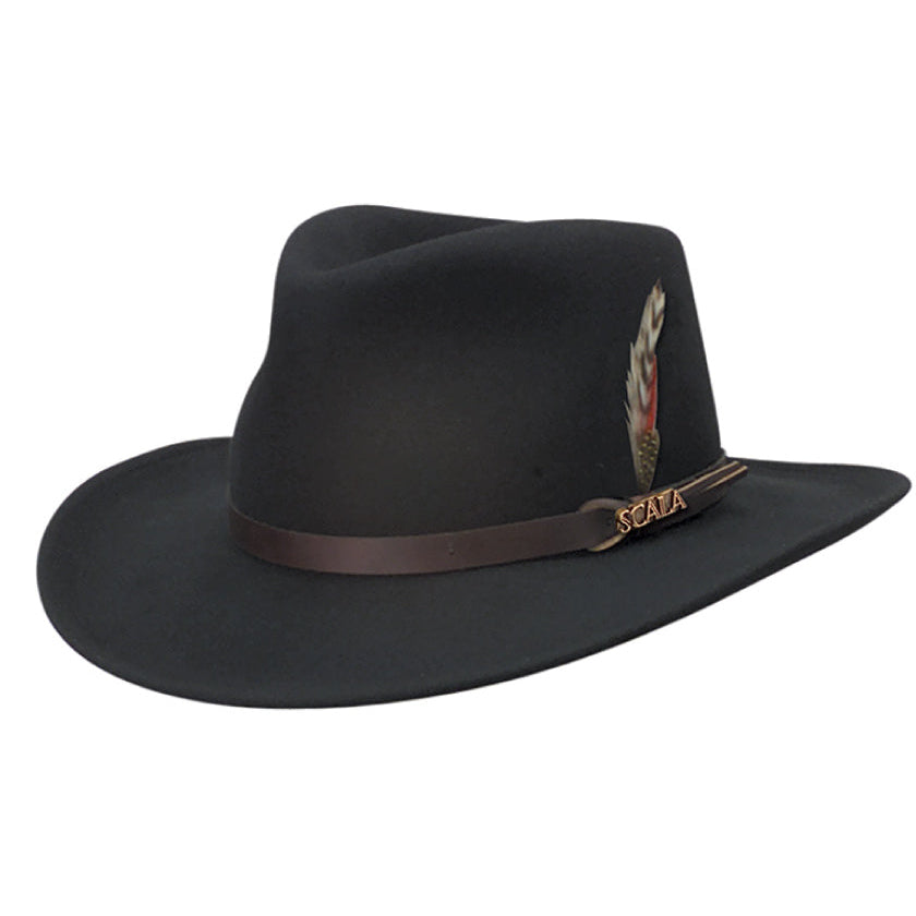 Hat (DF6) - Dorfman Scala Dakota Water Repellent Wool Felt Crushable Outback with Feather