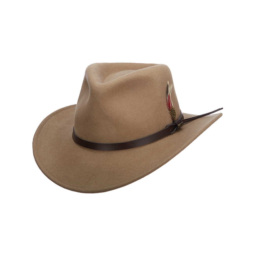 Hat (DF6) - Dorfman Scala Dakota Water Repellent Wool Felt Crushable Outback with Feather