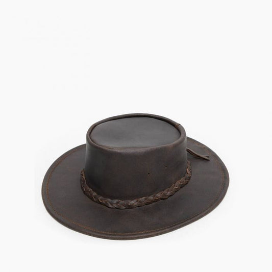 Hat (9523) - Minnetonka Fold Up Leather Braid Hat - Dark Brown