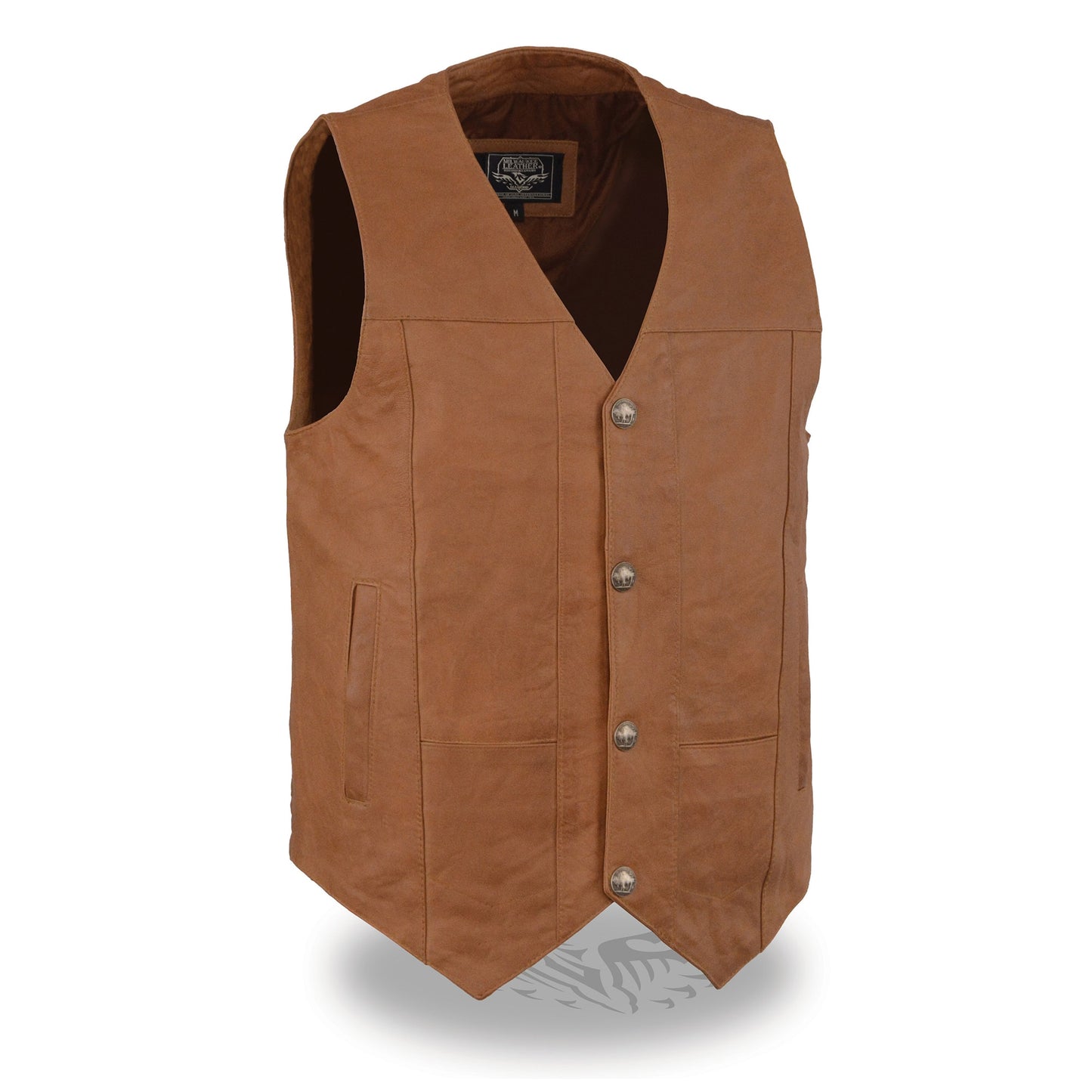 Leather Vest (LKM3702) - Men’s Western Style Plain Side Vest with Buffalo Snaps