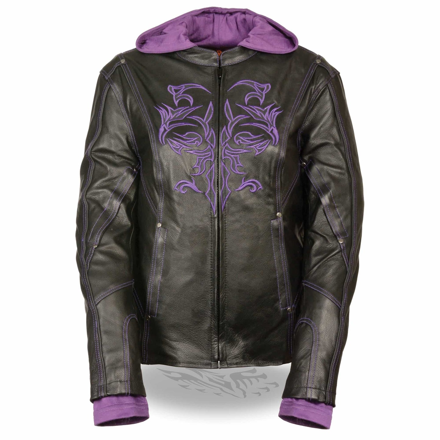 Leather Jacket (ML2067) - Women's 3/4 Length Jacket with Reflective Tribal