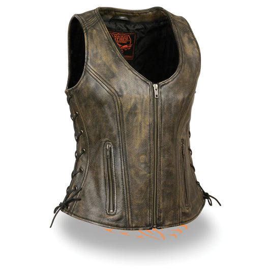 Leather Vest (MLL4531) - Women’s Open Neck Side Lace Zipper Front