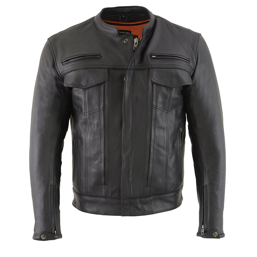 Leather Jacket (MLM1506) - Men's Vented Scooter Jacket w/ Cool Tec Leather & Utility Pockets