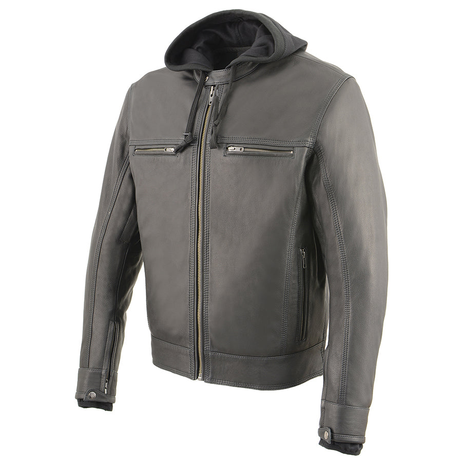 Leather Jacket (MLM1552) - Men’s Lightweight Scooter Jacket w/ Full Sleeve Removable Hoodie