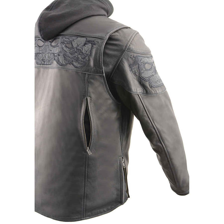 Leather Jacket (MLM1563) - Men’s Scooter Jacket w/ Reflective Skulls & Removable Hoodie