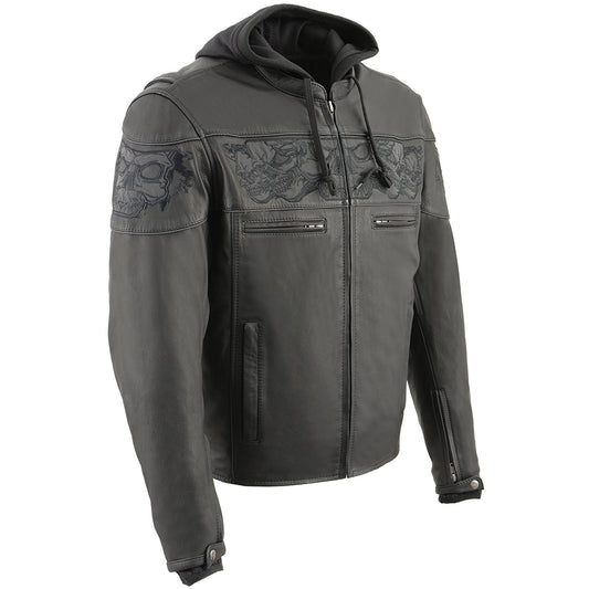 Leather Jacket (MLM1563) - Men’s Scooter Jacket w/ Reflective Skulls & Removable Hoodie