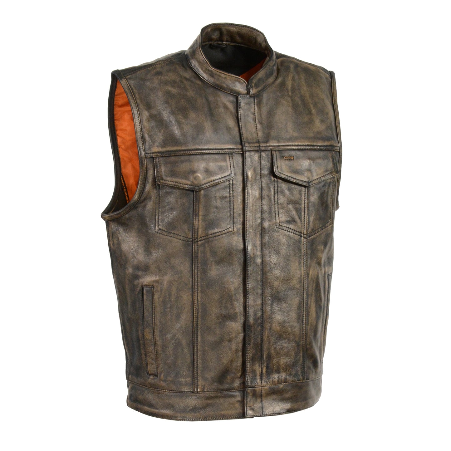 Leather Vest (MLM3510) - Men’s Open Neck Snap Zip Front Club Style