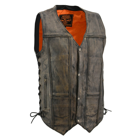 Leather Vest (MLM3540) - Men’s Brown Distressed 10 Pocket Vest