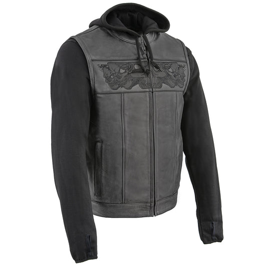 Leather Jacket (MLM3563) - Men’s Black Vest with Reflective Skulls & Full Hoodie Liner