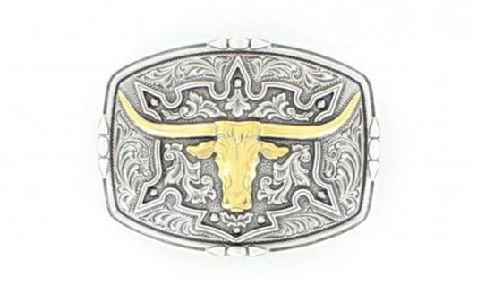 Buckle (37688) - Silver & Gold Rectangle Longhorn Head Belt Buckle