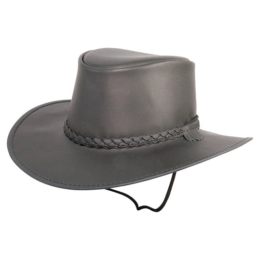Hat (CRUBFXXCRBL) - Men's Black Crusher Leather Outback with Chin Strap