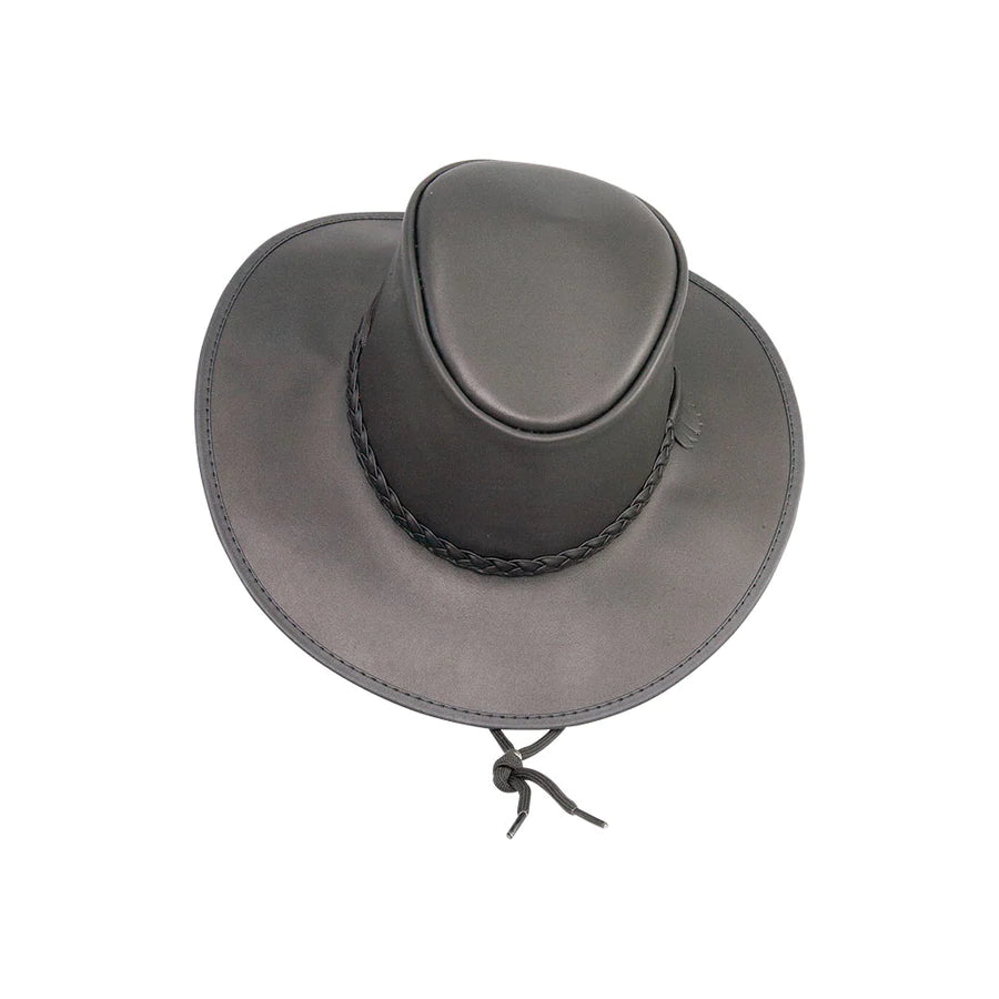 Hat (CRUBFXXCRBL) - Men's Black Crusher Leather Outback with Chin Strap