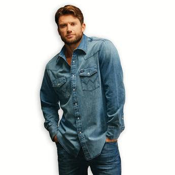 Top Men's SZN (112345068) - Wrangler® Vintage Inspired Long Sleeve Denim Shirt - Medium Wash